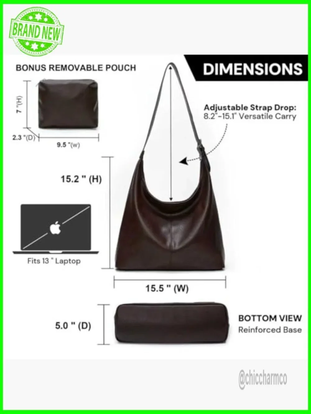 Vegan Leather Hobo Tote with Adjustable Strap & Matching Pouch